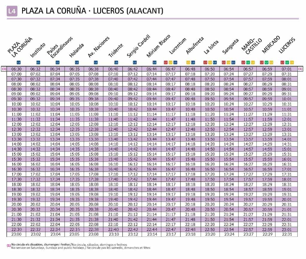 Tabla horarios Línea 4 TRAM Pl. La Coruña- Alicante Luceros