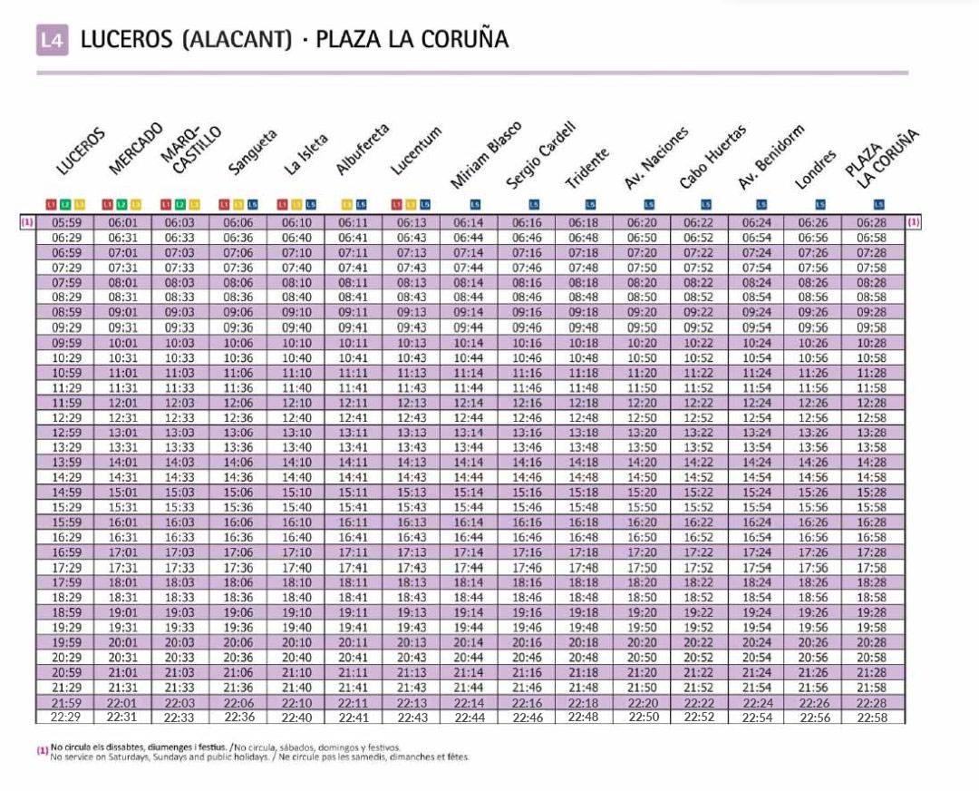 Tabla de horarios línea 4 TRAM Luceros Plaza La Coruña